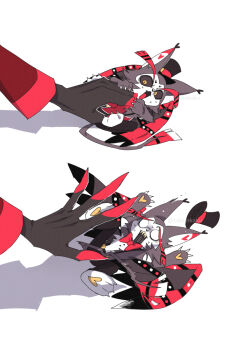 1boy alastor_(hazbin_hotel) animal_ears black_hat black_pants black_sclera bow bowtie colored_extremities colored_sclera fang furry furry_male grey_fur hat hazbin_hotel hellaverse husk_(hazbin_hotel) multiple_views pants red_bow red_bowtie shadow solo_focus suspenders sweat tabunkaku tail wings yellow_eyes