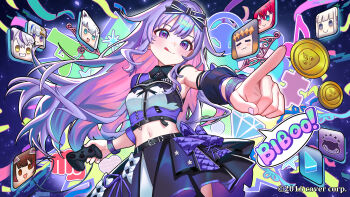 1girl :q absurdres amane_kanata black_shirt black_skirt center-flap_bangs center_frills collared_shirt color-coded colored_inner_hair commentary controller cropped_shirt detached_sleeves double-parted_bangs english_commentary fluffycatfish frills game_controller gradient_hair hair_flaps highres holding holding_controller holding_game_controller hololive hololive_dev_is hololive_english hololive_idol_uniform_(color_rise) idol_clothes irys_(hololive) koseki_bijou la+_darknesss long_hair midriff miniskirt multicolored_hair multicolored_shirt navel ninomae_ina'nis official_alternate_costume official_art pebble_(koseki_bijou) pink_hair pokey_(hololive) puffy_detached_sleeves puffy_short_sleeves puffy_sleeves purple_eyes purple_hair roboco-san shirakami_fubuki shirt short_sleeves sidelocks single_detached_sleeve single_sleeve skirt solo todoroki_hajime tongue tongue_out very_long_hair virtual_youtuber white_shirt