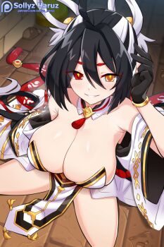 1girl ara_haan black_gloves black_hair blush breasts cleavage commentary detached_sleeves elsword english_commentary gloves grin hair_ornament heterochromia huge_breasts long_hair looking_at_viewer multicolored_hair red_eyes shakti_(elsword) smile sollyz solo two-tone_hair very_long_hair white_hair yellow_eyes