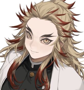 Rule 34 | 1boy, blonde hair, buttons, cbow, closed mouth, colored tips, demon slayer uniform, forked eyebrows, highres, kimetsu no yaiba, long hair, looking at viewer, male focus, multicolored hair, parted lips, portrait, red hair, red pupils, rengoku kyoujurou, simple background, solo, streaked hair, teeth, two-tone hair, white background, yellow eyes