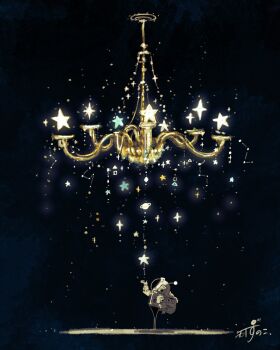 black_background chandelier commentary_request hand_up highres kazunoko_(kazunoko_zunoco) no_humans original signature spacesuit star_(symbol) surreal