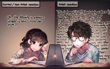 1boy 1girl artist_self-insert black_hair blouse bow braid brother_and_sister brown_eyes computer desk english_text glasses goggles hair_ornament hairclip kawacy laptop original shirt short_hair siblings sweater