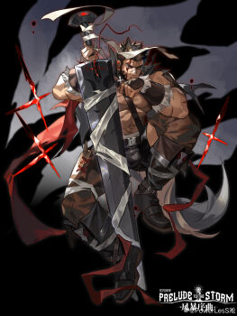 1boy abs absurdres animal_ears bad_tag bandaged_sword bandages bara bare_pectorals beard belt blood blood_on_face bulge chinstrap_beard clothing_cutout copyright_request cross crotchless crotchless_pants facial_hair frown full_beard full_body grey_fur highres knee_up large_pectorals looking_at_viewer male_focus mature_male multiple_scars muscular muscular_male navel nipples original pants pectorals planted planted_sword planted_weapon powerlesssong scar short_hair solo stomach stomachn sword tail thick_eyebrows thigh_cutout thighs tsurime weapon wolf_boy wolf_ears wolf_tail