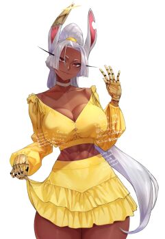 1girl abs alternate_costume animal_ears artist_name boku_no_hero_academia breasts choker cleavage closed_mouth clothes_lift collarbone commentary dark-skinned_female dark_skin dress english_commentary frilled_skirt frills gabriel_carrasquillo grey_choker hand_up high_ponytail highres large_breasts long_eyelashes long_hair looking_at_viewer mechanical_arms mechanical_ears mechanical_hands midriff mirko notched_ear parted_bangs ponytail prosthetic_ear puffy_sleeves rabbit_ears rabbit_girl red_eyes scar scar_on_face shirt simple_background skirt skirt_lift smile solo sundress thick_thighs thighs toned toned_female twitter_username very_long_hair white_background white_hair yellow_shirt yellow_skirt