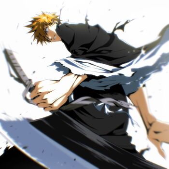 1boy black_kimono bleach blurry from_behind hashtag-only_commentary highres holding holding_sword holding_weapon japanese_clothes kimono kurosaki_ichigo male_focus miko_heb orange_eyes orange_hair parted_lips sash shihakusho shikai short_hair solo spiked_hair sword torn_clothes weapon white_background white_mouth white_sash zangetsu_(shikai) zanpakutou