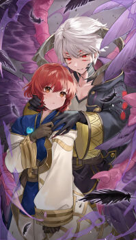1boy 1girl aura black_coat black_gloves black_wings body_markings brown_eyes brown_gloves claws coat dark_aura dark_persona extra_eyes feathered_wings female_kiran_(fire_emblem) fire_emblem fire_emblem_awakening fire_emblem_heroes gloves haru_(nakajou-28) highres horns kiran_(fire_emblem) looking_at_viewer male_robin_(fire_emblem) male_robin_(grima)_(fire_emblem) male_robin_(grima)_(tyrant_of_ruin)_(fire_emblem) nintendo possessed red_eyes red_hair robe smile solo standing white_robe wings