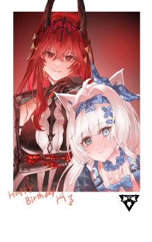 2girls absurdres animal_ears backpack bag black_bodysuit black_horns bodysuit bow breasts commentary_request curly_sidelocks frilled_shirt frills grey_eyes hair_ornament hairband hand_on_own_chin happy_birthday headpiece heterochromia highres horns jacket large_breasts long_hair looking_at_viewer mechanical_arms mechanical_ears mole mole_under_eye multiple_girls nekotori_(nekotori221) no._21:_feral_(tiny_bad_wolf)_(pgr) no._21_(pgr) official_alternate_costume open_mouth polaroid_photo punishing:_gray_raven red_eyes red_hair shirt sidelocks smile vera:_geiravor_(hollow_crown)_(pgr) vera_(pgr) white_eyes white_shirt wolf_ears x_hair_ornament