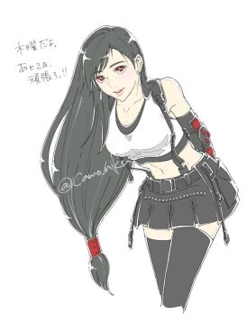 1girl arms_behind_back bare_shoulders black_gloves black_hair black_skirt black_thighhighs camo_niku collarbone commentary crop_top earrings elbow_gloves feet_out_of_frame final_fantasy final_fantasy_vii final_fantasy_vii_remake gloves hair_behind_ear jewelry leaning_forward light_blush long_hair looking_at_viewer midriff miniskirt navel red_eyes simple_background skirt solo suspender_skirt suspenders swept_bangs tank_top teardrop_earrings thighhighs tifa_lockhart translated twitter_username white_background white_tank_top