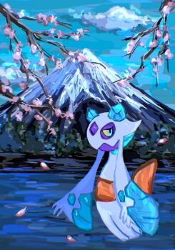 blue_eyes cherry_blossoms closed_mouth cloud colored_sclera froslass full_body gen_4_pokemon ghost highres looking_at_viewer mariin_(mrn_8_8) mountain nintendo no_humans outdoors pokemon pokemon_(creature) pokemon_focus sky tree yellow_sclera