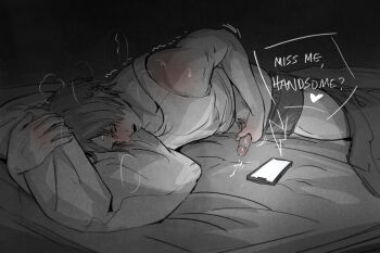 Rule 34 | 1boy, ariesbutworse, blush, closed eyes, commentary, cum, dim lighting, ejaculation, english commentary, english text, flustered, glowing, hand on own penis, head on pillow, heart, highres, leon s. kennedy, lying, male focus, male masturbation, masturbation, muscular, muscular male, on side, open mouth, partially colored, phone, pillow, resident evil, resident evil 4, shorts, solo, spoken heart, tank top, under covers