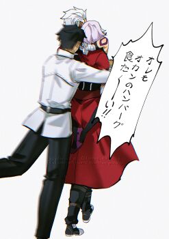 1boy 1girl 2boys absurdres archer_(fate) bandaged_arm bandages black_hair boots carrying carrying_person chaldea_uniform coat code3755 commentary fate/grand_order fate_(series) fujimaru_ritsuka_(male) highres hug jack_the_ripper_(fate/apocrypha) motion_blur multiple_boys purple_hair red_coat short_hair shoulder_tattoo simple_background spiked_hair tall_male tattoo thigh_boots translation_request watermark white_hair