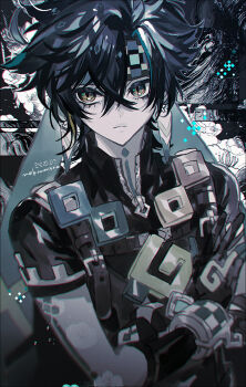 Rule 34 | 1boy, artist name, black background, black gloves, black shirt, blue hair, bracelet, commentary request, dated, elbow gloves, frown, genshin impact, gloves, green eyes, hairband, highres, jewelry, kinich (genshin impact), long sleeves, looking at viewer, male focus, muted color, necklace, shirt, short hair, slit pupils, solo, tanjou, tattoo, upper body