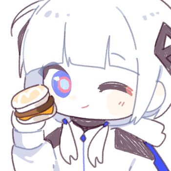 Rule 34 | ahoge, blue eyes, blunt bangs, blush, cevio, diamond hair ornament, food, holding, holding food, hood, hooded jacket, jacket, kafu (cevio), kamitsubaki studio, looking at viewer, low twintails, lowres, mcdonald's, ojingeo11110, one eye closed, sandwich, simple background, smile, solo, twintails, white hair