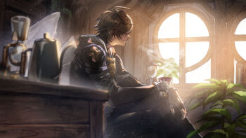 1boy absurdres ahoge angel_wings armor bishounen black_gloves blurry blurry_foreground bookshelf breastplate brown_hair coffee coffee_pot coffee_press crossed_legs cup curtains depth_of_field expressionless feathered_wings fingerless_gloves from_side gloves granblue_fantasy granblue_fantasy_versus:_rising hair_between_eyes highres holding holding_cup hood hood_down light_particles light_smile long_sleeves male_focus messy_hair minaba_hideo official_art plant potted_plant profile sandalphon_(granblue_fantasy) short_hair shoulder_armor solo steam sunlight third-party_source turtleneck white_wings window wings