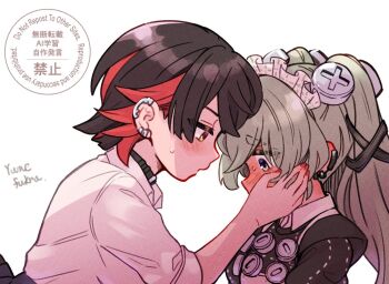 2girls black_dress black_hair blush collared_shirt commentary_request corin_wickes dress earclip ellen_joe grey_hair hand_on_another's_face maid_headdress multiple_girls red_streaks shirt short_hair simple_background sweat twintails watermark white_background white_shirt yumefukura yuri zenless_zone_zero