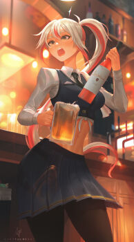 1girl absurdres alcohol artist_name bar_(place) beer beer_mug black_necktie black_pantyhose black_skirt black_vest blurry blurry_background bottle breasts collared_shirt commentary commission cowboy_shot cropped_vest cup english_commentary eyelashes glass hair_between_eyes highres holding holding_bottle holding_cup indoors jewelry long_hair long_sleeves looking_to_the_side medium_breasts midriff mug multicolored_hair navel necktie nose open_mouth original pantyhose paul_nong pleated_skirt ponytail red_streaks ring shirt signature skirt solo sparkle teeth tied_shirt toned toned_female tongue two-tone_hair upper_teeth_only very_long_hair vest white_hair white_shirt