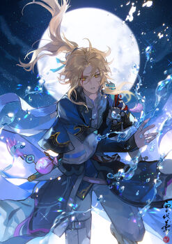 1boy belt black_arm_warmers blonde_hair blood blood_on_face blue_robe chinese_clothes floating_hair foot_out_of_frame full_moon hand_up honkai:_star_rail honkai_(series) hydrokinesis layered_sleeves long_hair long_sleeves male_focus moon night pants parted_bangs parted_lips ponytail pouch robe seal_impression sheath shirt sidelocks sky standing standing_on_one_leg star_(sky) starry_sky tassel thigh_belt thigh_strap three-quarter_sleeves water white_pants white_shirt xuedaixun yanqing_(honkai:_star_rail) yellow_eyes