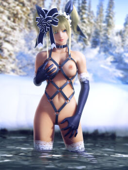 1girl 3d bdsm blonde_hair blue_eyes bondage bound breasts female_focus gloves harness incise_soul large_breasts m-rs nipples ribbon rukia_(incise_soul) shibari solo twintails water
