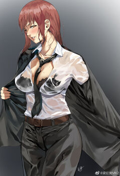 1girl bra chainsaw_man club3 coat highres long_hair makima_(chainsaw_man) necktie pants red_hair shirt simple_background underwear white_shirt yellow_eyes