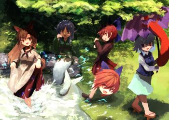 4girls animal_ears blue_eyes blue_hair blue_vest bow brown_hair commentary disembodied_head dress drill_hair drill_sidelocks fins floating_head garakuraku geta green_kimono hair_bow head_fins heterochromia holding holding_umbrella imaizumi_kagerou japanese_clothes juliet_sleeves karakasa_obake kimono long_hair long_sleeves mermaid monster_girl multiple_girls one_eye_closed open_mouth puffy_sleeves purple_bow purple_umbrella red_eyes red_hair red_skirt sekibanki shade short_hair sidelocks skirt skirt_hold smile tail tatara_kogasa touhou umbrella very_long_hair vest wading wakasagihime water white_dress wolf_ears wolf_girl wolf_tail