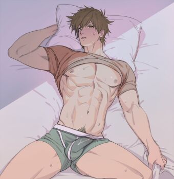 Rule 34 | 1boy, abs, bed sheet, blush, boxers, brown hair, brown shirt, clothes lift, commentary, covered penis, covered testicles, free!, gluteal fold, green eyes, green male underwear, lying, male focus, male pubic hair, male underwear, muscular, muscular male, natural virtue, navel, nipples, on back, on bed, pectorals, pillow, pubic hair, sheet grab, shirt, shirt lift, short hair, solo, sweat, tachibana makoto, thighs, underwear