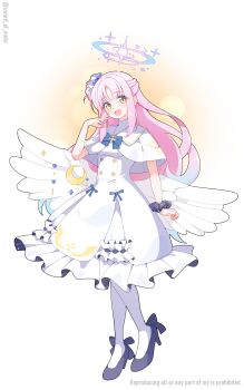 absurdres angel_wings aqua_hair blue_archive blue_bow bow breasts buttons capelet crescent double-breasted dress flower gold_trim gradient_hair hair_bun hair_flower hair_ornament halo high_heels highres low_wings medium_breasts mika_(blue_archive) multicolored_hair murasame_(sword_of_nmkr) open_mouth pantyhose pink_hair pink_halo pumps scrunchie simple_background single_hair_bun single_side_bun smile white_background white_capelet white_dress white_pantyhose white_wings wing_ornament wings wrist_scrunchie