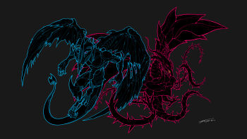 2others absurdres behind_another black_background black_rose_dragon blue_outline color_contrast commentary dragon dragon_tail dragon_wings duel_monster eric_leung274389310 facing_to_the_side flying high_contrast highres inverted_colors knee_up monster monster_focus multiple_others outline outstretched_arms partially_colored red_outline signature spot_color spread_wings stardust_dragon tail thorns wings yellow_eyes yu-gi-oh! yu-gi-oh!_5d&#039;s