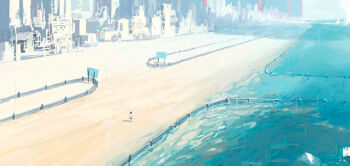 1other absurdres cityscape day feitu233 fence from_above full_body highres mini_person ocean original outdoors scenery shadow shore sign solo standing