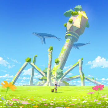 bacteriophage_(virus) blue_flower blue_sky brown_footwear brown_pants cloud commentary day facing_away flower flying_whale from_behind grand_scale grass highres katou_oswaldo looking_at_object orange_flower original outdoors oversized_object pants pink_flower purple_flower scenery signature sky virus whale