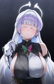 1girl absurdres armor arms_behind_back black_background blunt_bangs breasts butterfly_brooch closed_eyes earrings goddess_of_victory:_nikke hair_intakes halo highres hundred0327 jewelry large_breasts long_hair mole mole_on_breast nayuta_(nikke) parted_lips shoulder_armor solo thick_eyelashes upper_body very_long_hair white_hair