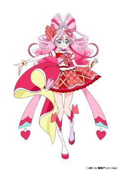 Rule 34 | 1girl, absurdres, boots, bow, brooch, closed mouth, commentary request, copyright notice, cure idol, cure idol (idol heart ribbon style), detached sleeves, double bun, drill hair, earrings, frilled cuffs, full body, hair bow, hair bun, hair ornament, heart, heart brooch, heart hair ornament, highres, idol heart incom, jewelry, kimi to idol precure, long hair, looking at viewer, magical girl, midriff, miniskirt, multicolored hair, navel, official art, pink hair, precure, puffy detached sleeves, puffy sleeves, red bow, red hair, red shirt, red skirt, sakura uta (precure), shirt, showgirl skirt, simple background, single sleeve, skirt, sleeveless, sleeveless shirt, smile, solo, standing, standing on one leg, streaked hair, twin drills, two-tone hair, watermark, white background, white boots, white sleeves