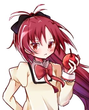 Rule 34 | 1girl, antenna hair, apple, arm behind back, black bow, bow, bowtie, closed mouth, collared shirt, commentary request, dot nose, expressionless, floating hair, food, from behind, fruit, hair bow, happy candy ooo, high collar, highres, holding, holding food, holding fruit, juliet sleeves, lace-trimmed sleeves, lace trim, layered sleeves, light blush, long hair, long sleeves, mahou shoujo madoka magica, mahou shoujo madoka magica: hangyaku no monogatari, mahou shoujo madoka magica magia exedra, mitakihara school uniform, official alternate costume, ponytail, puffy sleeves, red bow, red bowtie, red eyes, red hair, sakura kyoko, school uniform, shirt, simple background, sleeve cuffs, solo, tsurime, upper body, very long hair, white background, wind, yellow shirt