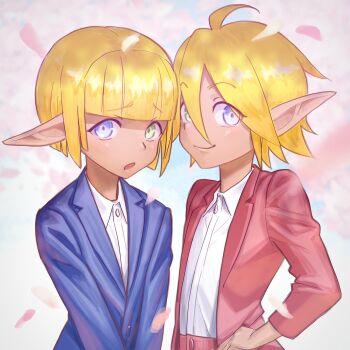 1boy 1girl ahoge aura_bella_fiora blonde_hair blue_eyes blue_jacket blunt_bangs brother_and_sister closed_mouth collared_shirt commentary cowboy_shot crossdressing dark_elf elf green_eyes hair_between_eyes hand_on_own_hip heterochromia highres jacket long_sleeves mare_bello_fiore open_mouth overlord_(maruyama) petals pointy_ears red_jacket reverse_trap ryohhe shirt short_hair siblings smile tomboy trap white_shirt