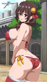 1girl absurdres ass blush breasts brown_hair christmas embarrassed highres indexryo kono_subarashii_sekai_ni_shukufuku_wo! large_breasts red_eyes swimsuit yunyun_(konosuba)