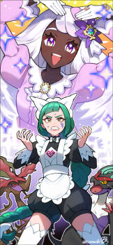 2girls 2others apron arms_up artist_request ascot black_romper black_shoes bow bowtie braid braided_ponytail brooch center_frills clenched_teeth closed_eyes dark-skinned_female dark_skin disgust dragalge dragon dress fascinator fishnets frilled_ascot frills frown gen_6_pokemon glove_bow gloves green_hair hair_bow hands_up heart_arms high_heels highres jacinthe_(pokemon) jewelry juliet_sleeves lebanne_(pokemon) long_hair long_sleeves looking_at_viewer low_drills maid_apron maid_headdress mary_janes multiple_girls multiple_hair_bows multiple_others nintendo noivern open_mouth parted_lips pokemon pokemon_legends:_z-a puffy_sleeves purple_dress purple_eyes purple_hair romper shoes signature single_braid smile standing sweat teeth thighhighs v-shaped_eyebrows very_dark_skin very_long_hair white_bow white_bowtie white_gloves white_thighhighs yellow_bow
