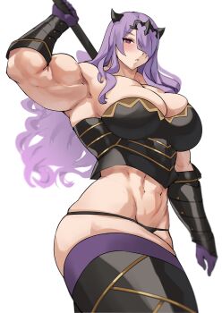 Rule 34 | 1girl, absurdres, arm up, armpits, bare shoulders, blush, breasts, camilla (fire emblem), cleavage, female focus, fire emblem, fire emblem fates, gloves, hair over one eye, highres, large breasts, long hair, looking at viewer, matching hair/eyes, musctonk, muscular, muscular female, nintendo, purple eyes, purple hair, solo, thick thighs, thighhighs, thighs