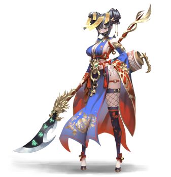 Rule 34 | 1girl, 95 inner, absurdres, animal print, armpits, black hair, black shoes, black thighhighs, blue eyes, breasts, butterfly hair ornament, butterfly print, chinese clothes, cleavage, commentary, double bun, dress, english commentary, fishnet thighhighs, fishnets, floral print, glaive (polearm), gold, gold rose, hair between eyes, hair bun, hair ornament, highres, holding, holding polearm, holding weapon, large breasts, mask, mouth mask, o-ring, ofuda, original, pelvic curtain, polearm, revealing clothes, rose print, scroll, shoes, sideboob, solo, standing, thighhighs, two-tone dress, weapon, white background