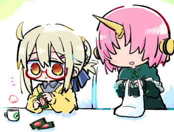 2girls :d artoria_pendragon_(fate) bag black_dress blush brown_eyes brown_hair capelet chibi closed_mouth collared_shirt commentary_request cup dress faceless faceless_female fate/grand_order fate_(series) frankenstein's_monster_(fate) fur-trimmed_capelet fur_trim glasses green_capelet grey_shirt hair_over_eyes holding holding_bag horns kasuga_yuuki long_sleeves multiple_girls mysterious_heroine_x_alter_(fate) notice_lines open_mouth pink_hair plastic_bag puffy_long_sleeves puffy_sleeves red-framed_eyewear semi-rimless_eyewear shirt single_horn sleeves_past_wrists smile sweater under-rim_eyewear upper_body white_background yellow_sweater