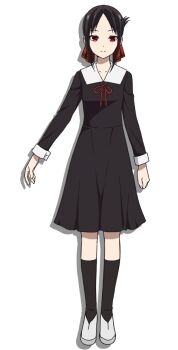 1girl anime_coloring black_dress black_hair black_socks breasts collarbone collared_dress dress folded_ponytail full_body hair_ribbon kaguya-sama_wa_kokurasetai_~tensai-tachi_no_renai_zunousen~ long_sleeves looking_at_viewer neck_ribbon official_art parted_bangs red_eyes red_ribbon ribbon school_uniform shinomiya_kaguya shoes short_hair shuuchiin_academy_school_uniform sidelocks simple_background small_breasts smile socks solo standing transparent_background white_shoes yahiro_yuuko