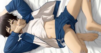 1boy bandaged_hand bandaged_leg bandages bandaid bandaid_on_face bandaid_on_stomach bed black_hair blush clothes_lift covering_own_mouth elementary_school_age flaccid foreskin highres jacket knees_apart_feet_together looking_at_viewer luye_yuan lying male_focus midriff navel no_male_underwear on_back on_bed open_clothes open_jacket penis shirt_lift shorts shota sleepy small_penis solo testicles upshorts yellow_eyes