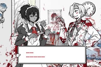 2girls apron ascot cleaning cleaning_weapon clock commission greyscale hair_intakes hand_up holding holding_knife indoors juliet_sleeves knife kromer_(project_moon) limbus_company long_sleeves maid_apron maid_headdress monochrome multiple_girls nelly_(project_moon) ponytail project_moon puffy_sleeves red_ascot second-party_source shirt short_hair spot_color weapon