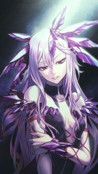 1girl bare_shoulders breasts cleavage commentary covered_collarbone criss-cross_halter crystal english_commentary guilty_crown hair_between_eyes halterneck hand_on_own_arm highres long_hair looking_at_viewer open_mouth ouma_mana pink_hair r777668 red_eyes small_breasts solo upper_body