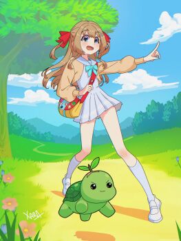 1boy 1girl absurdres aqua_bow aqua_bowtie bag blue_dress blue_eyes blue_sailor_collar blue_shoes blue_socks bow bowtie brown_hair cardigan closed_mouth cloud commentary cosplay cropped_cardigan day dress english_commentary from_side full_body gen_4_pokemon grass hair_ribbon highres index_finger_raised long_hair long_sleeves neuro-sama nintendo open_mouth outdoors pleated_dress pointy_ears pokemon red_ribbon ribbon sailor_collar shoes short_dress shoulder_bag signature smile socks standing tree turtle turtwig turtwig_(cosplay) two_side_up vedal987 vedal_ai virtual_youtuber xarakura_xara yellow_cardigan