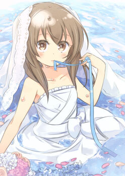 1girl alternate_costume amana_(pocketkey) blue_flower blue_ribbon blush bridal_veil brown_hair closed_mouth commentary_request dress flower hair_between_eyes kantai_collection looking_at_viewer mouth_hold partially_submerged petals pink_flower ribbon sitting solo strapless strapless_dress taihou_(kancolle) veil water wedding_dress wet wet_hair white_dress white_flower