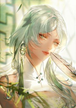 1girl bamboo_leaf bare_shoulders blurry blurry_background china_dress chinese_clothes chinese_commentary commentary dress du_ruo_(path_to_nowhere) earrings facial_mark forehead forehead_mark green_eyes half-closed_eyes hand_fan highres holding holding_fan jade_(gemstone) jewelry lips looking_at_viewer looking_to_the_side mandarin_collar official_alternate_costume parted_bangs path_to_nowhere portrait qingci sideways_glance single_hair_intake sleeveless sleeveless_dress solo tassel tassel_earrings white_dress white_hair