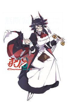 1girl alternate_costume apron black_hair blush closed_mouth collared_dress dragon_girl dragon_horns dragon_tail dragon_wings dress duel_monster glasses green_eyes highres holding holding_phone horns house_dragonmaid long_sleeves looking_at_viewer maid_apron phone puffy_long_sleeves puffy_sleeves simple_background smile solo tail tokiwajing white_apron white_background wings yu-gi-oh!