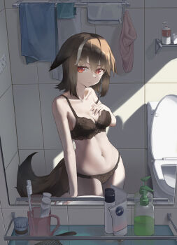 1girl absurdres animal_ears arknights bathroom black_bra black_panties bra breasts brown_hair chinese_commentary cleavage closed_mouth comb commentary_request cowboy_shot cup cutter_(arknights) day ears_down female_pov fox_ears fox_girl fox_tail hand_on_own_chest highres indoors koshouko_(fenrisulfr1010) medium_breasts mirror multicolored_hair navel panties pov red_eyes reflection short_hair soap_bottle solo strap_slip streaked_hair sunlight tail tile_wall tiles toilet toothbrush towel two-tone_hair underwear v-shaped_eyebrows white_hair