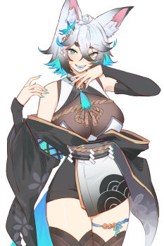 1girl absurdres animal_ear_fluff animal_ears bare_shoulders bell black_dress black_kimono black_sleeves blue_eyes blue_nails blue_tongue breasts bright_pupils colored_inner_hair colored_tongue commentary commission cowboy_shot detached_sleeves double-parted_bangs dress english_commentary fingernails fox_ears fox_tail gradient_hair grey_hair hair_between_eyes hands_up highres japanese_clothes kimono large_breasts long_sleeves looking_at_viewer multicolored_hair nail_polish neck_bell open_mouth original short_hair shouz simple_background smile solo tail thick_eyebrows thighs white_background white_hair white_pupils wide_sleeves