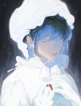 1girl alien_stage black_background black_hair bonnet closed_eyes closed_mouth commentary dress earrings english_commentary gloves highres jewelry mizi_(alien_stage) pannpanboo solo sua_(alien_stage) white_bonnet white_dress white_gloves