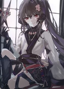 1other au_ra black_horns black_scales commission commissioner_upload dragon_horns final_fantasy final_fantasy_xiv flower gloves hair_flower hair_ornament high_ponytail highres horns izumi_tol_amulius japanese_clothes kimono long_hair nayuta_(8888_mugen) ponytail scales skeb_commission smile solo solo_focus yukata